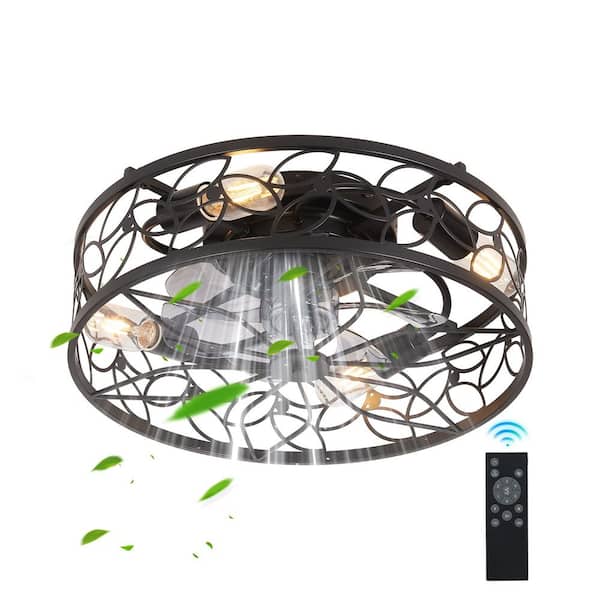 18 in. Black Vintage Caged Ceiling Fan Light, Quiet, Remote Control, Industrial Style, No Bulbs
