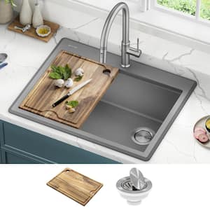 Bellucci Metallic Grey Granite Composite 28 in. Single Bowl Drop-In Workstation Kitchen Sink with Accessories