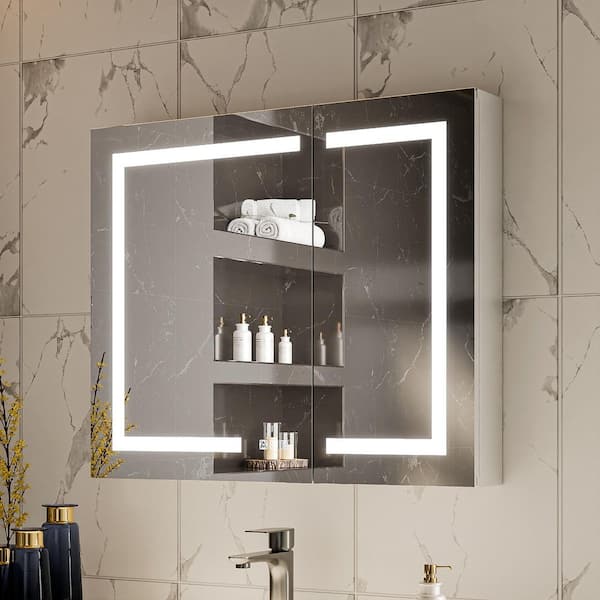 36 in. W x 30 in. H Rectangular Aluminum Medicine Cabinet with Mirror, Dimmable, Defogger, Outlet and USB, Soft-Close