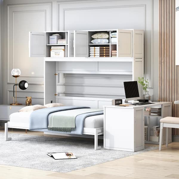 White Wood Frame Queen Size Murphy Bed Wall Bed with Desk, Cabinets, Shelves