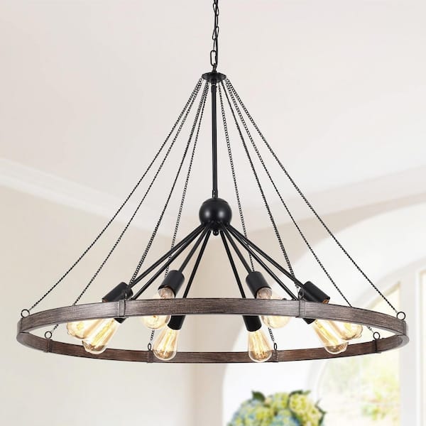 ADSENSTY 8-Light Black and Imitation Wood Grain Wagon Wheel Satellite Chandelier Modern Farmhouse Pendant Light for Living Room