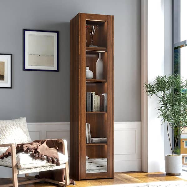 Mid-Century Modern 70.87 in. 5-Tier Curio Accent Storage Cabinet with 4-Shelves and LED Lights, Brown