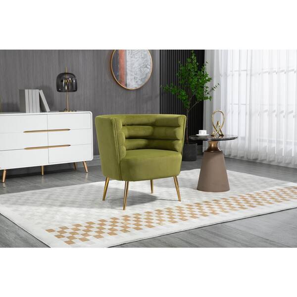 Olive Green Upholstery Velvet Accent Modern Chair with Rounded Armrest and Golden Legs for Bedroom Living
