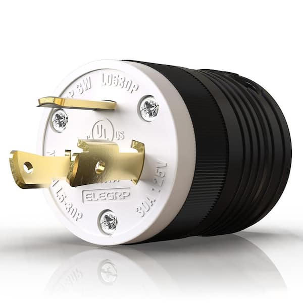 30 Amp 125-Volt NEMA L5-30P Locking Plug, Industrial Grade Grounding Heavy-Duty, Black/White