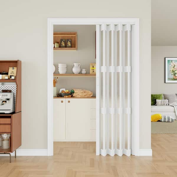 Blackout Door 48 in. x 80 in. White Dual 3-Lite PVC Accordion Door with Frosted Acrylic Glass with Hardware Kit