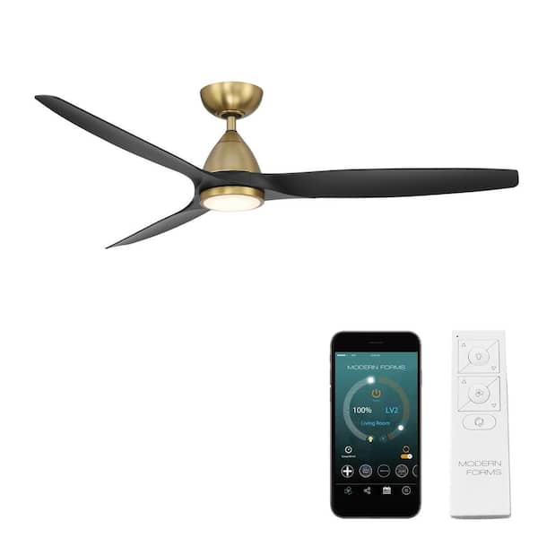 Modern Forms Skylark 62 in. 3-Blade Smart Indoor/Outdoor Ceiling Fan in Soft Brass Matte Black 3000K Integrated LED and Remote