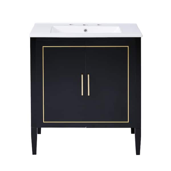 JimsMaison 29.9 in. W x 18.3 in. D x 34.01 in. H Single Sink Freestanding Bath Vanity in Black with White Ceramic Top