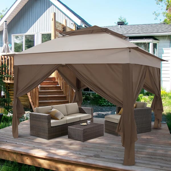 COOS BAY 11 ft. x 11 ft. Beige Portable Pop up 2-Tier Gazebo with