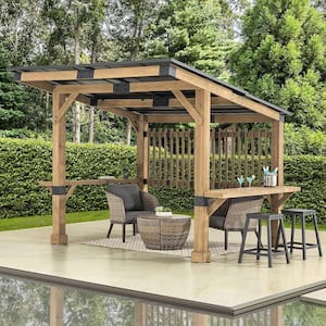 Wooden Grill 10 x 11 Outdoor Cedar Frame BBQ Backyard Hot Tub Gazebo with Aluminum Hardtop and Privacy Screen