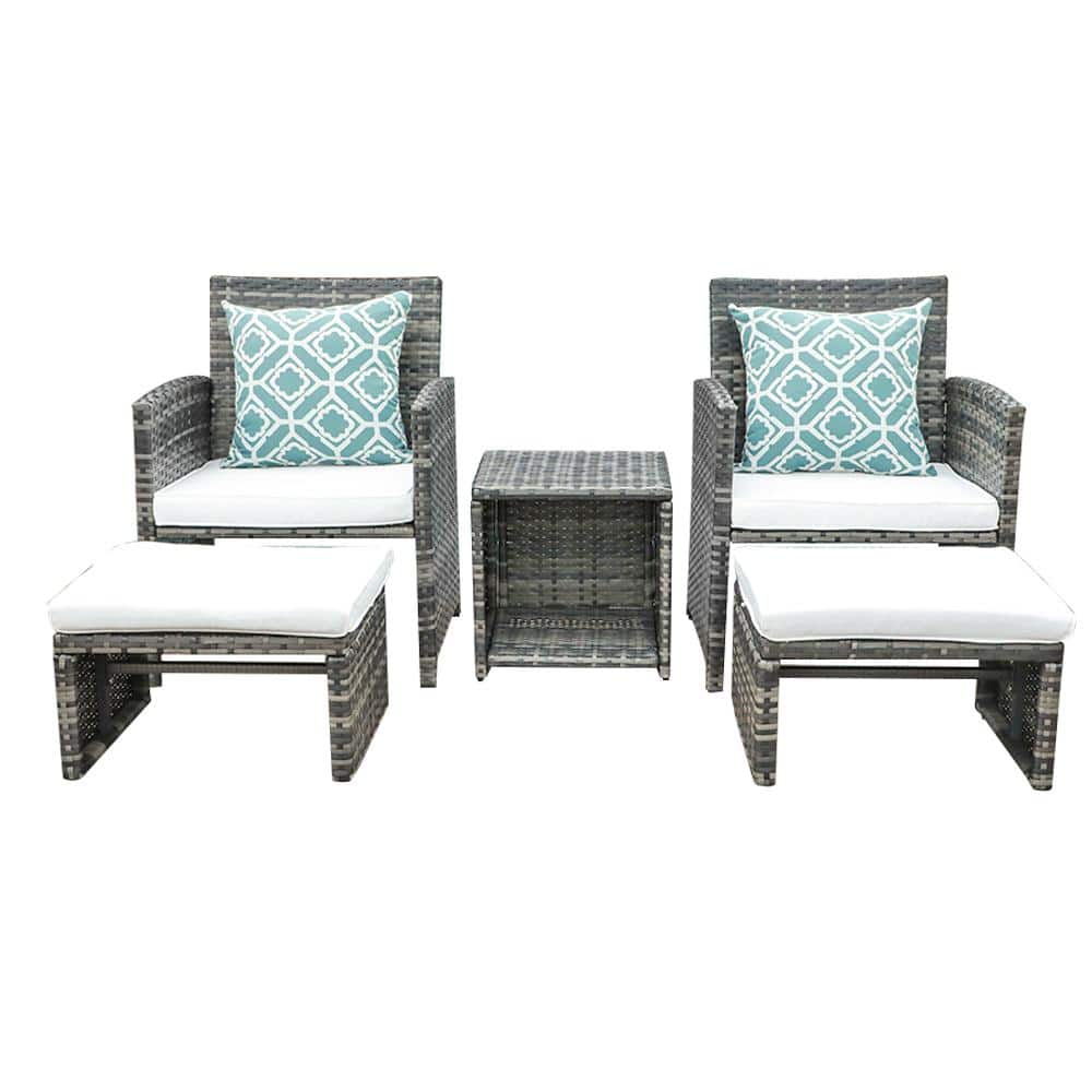 5-Piece Wicker Outdoor Bistro Set with White Cushions and Ottomans