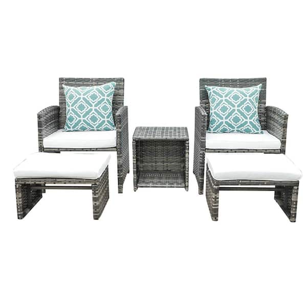 Freestyle 5-Piece Wicker Outdoor Bistro Set with White Cushions and Ottomans