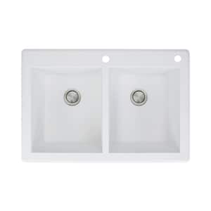 Radius Drop-in Granite 33 in. 2-Hole Equal Double Bowl Kitchen Sink in White