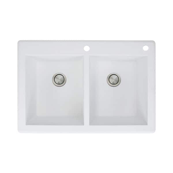 Transolid Radius Drop-in Granite 33 in. 2-Hole Equal Double Bowl Kitchen Sink in White