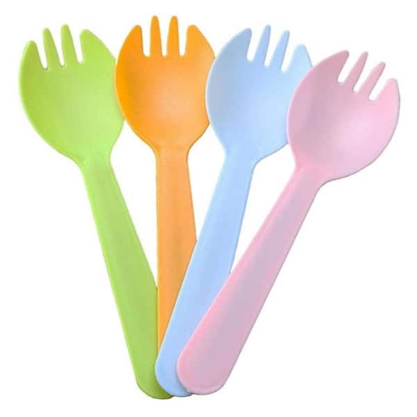 Blue Red Green Yellow Assorted Disposable Plastic Tableware Sporks 100 Pieces Per Case Individually Wrapped Durable