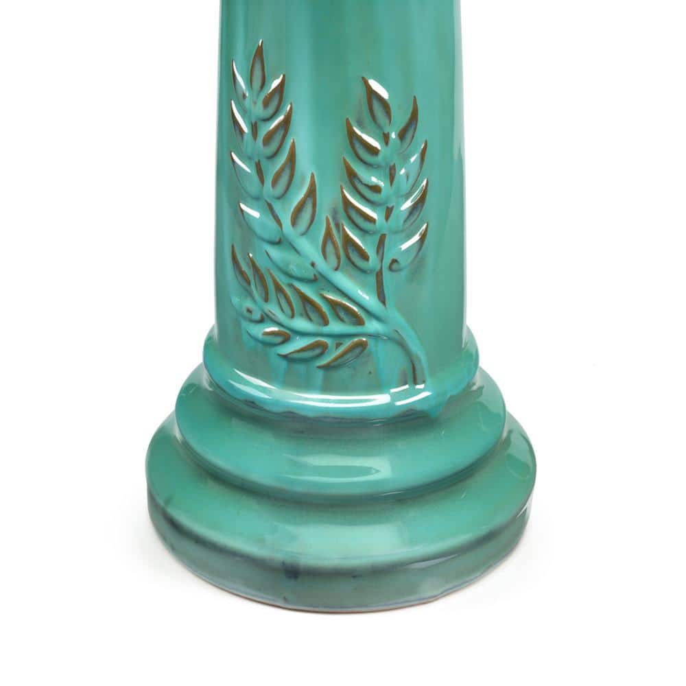 Minty Teal Ceramic Traditional Birdbath with Leaf Motif