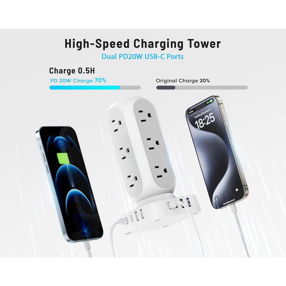 White 12-Outlet Power Strip Tower with 10 ft. Cord