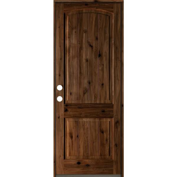 Krosswood Doors 30 in. x 96 in. Rustic Knotty Alder Arch Top V-Grooved Provincial Stain Right-Hand Wood Single Prehung Front Door