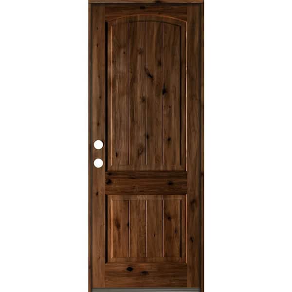 Krosswood Doors 32 in. x 96 in. Rustic Knotty Alder Arch Top V-Grooved Provincial Stain Right-Hand Wood Single Prehung Front Door