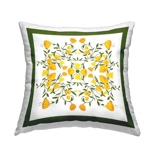 Golden Blooms Symmetry Yellow Floral Polyester 18 in. X 18in. Throw Pillow