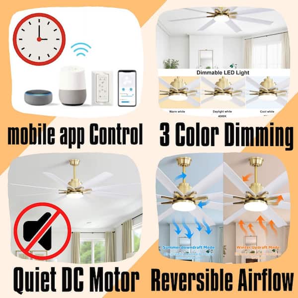 66 in. Modern Ceiling Fan With Dimmable Led Light 8 ABS Blades Remote Control Reversible DC Motor For Home Office