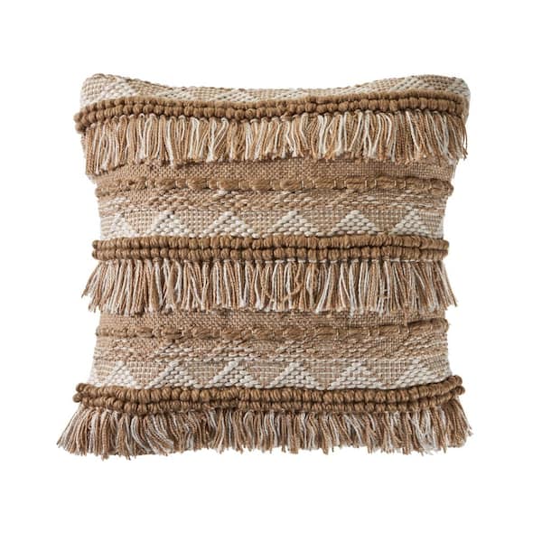 LR Home Rustic Fringe Beige / White 20 in. x 20 in. Polyester Indoor/Outdoor Throw Pillow