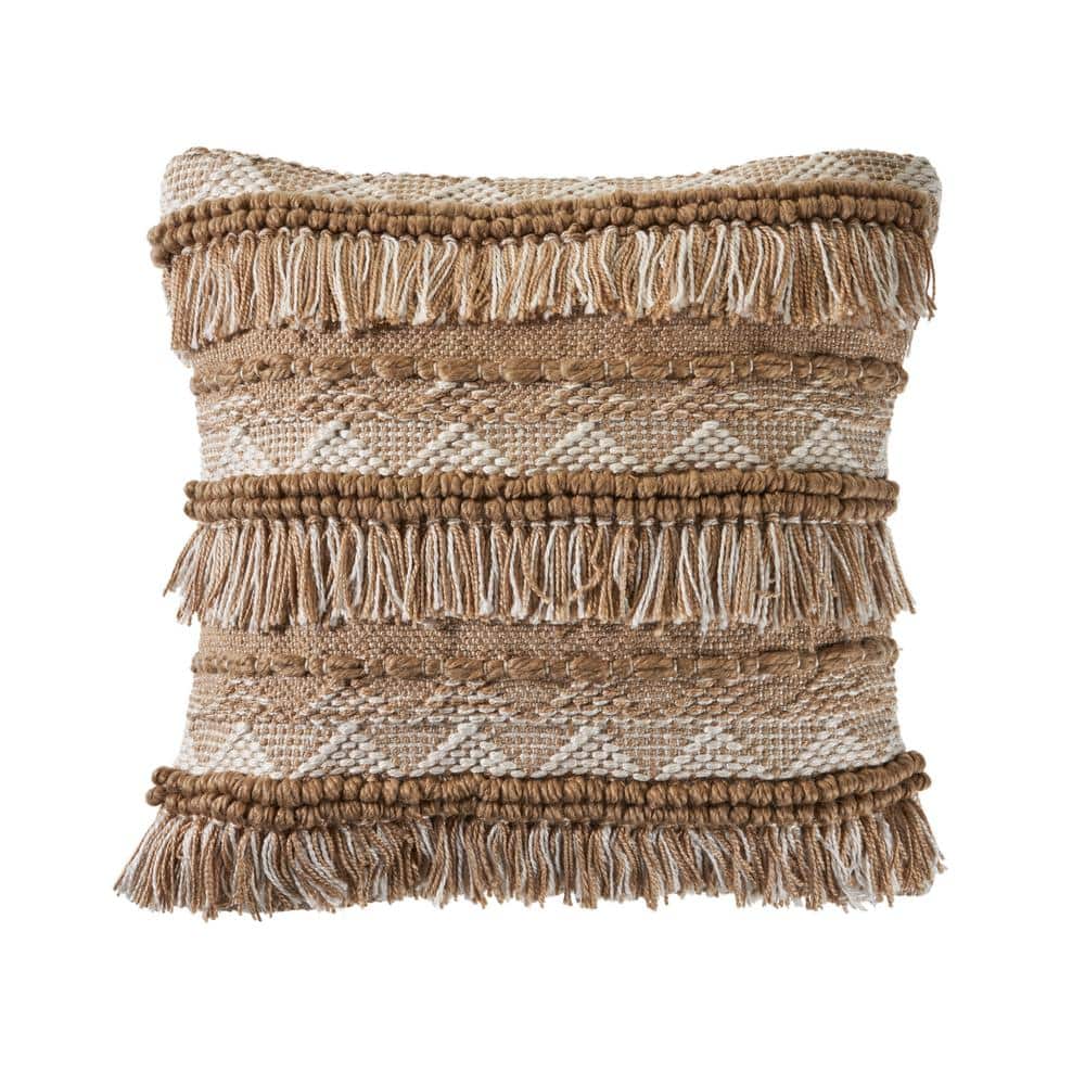 Rustic Fringe Beige / White 20 in. x 20 in. Polyester Indoor/Outdoor Throw 