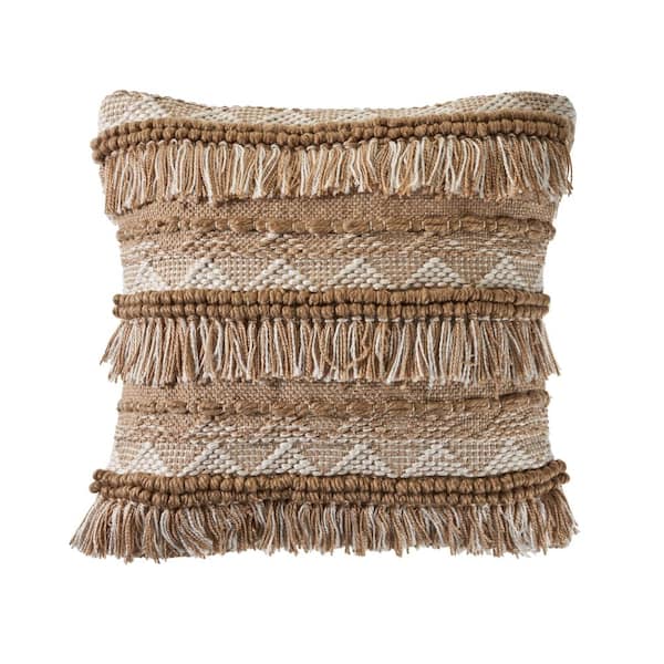 Unbranded Rustic Fringe Beige / White 20 in. x 20 in. Polyester Indoor/Outdoor Throw Pillow