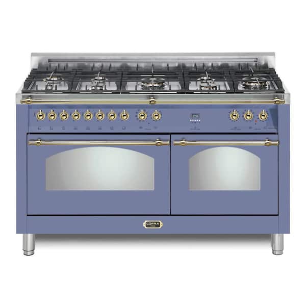 Dolcevita Series 60 in. 8 Burners Freestanding Dual Fuel Natural Gas Range in Pigeon Blue with Brass Trim
