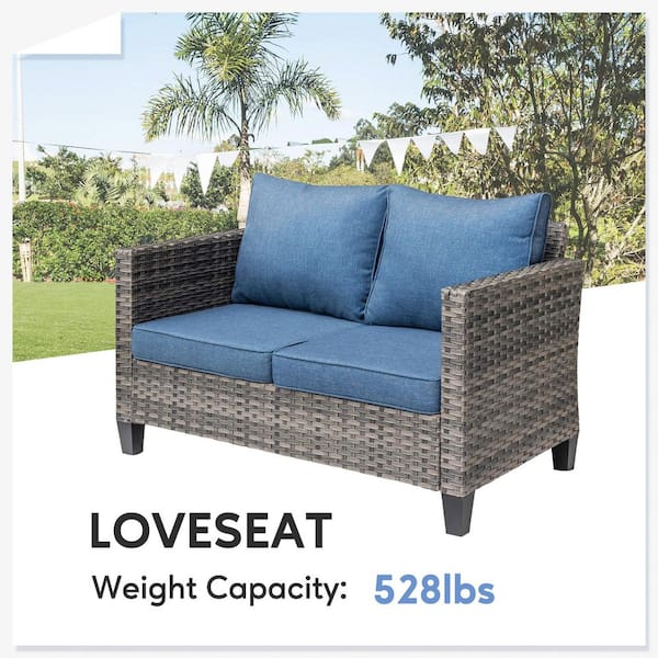XIZZI - Michigan 6-Piece Wicker Outdoor Patio Fire Pit Seating Sofa Set and with Denim Blue Cushions and Swivel Rocking Chairs