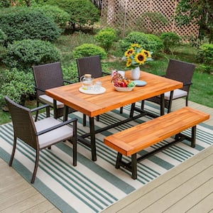 Black 6-Piece Metal Patio Acacia Wood Outdoor Dining Set with Rectangular Table, 4 Rattan Chairs and Long Bench