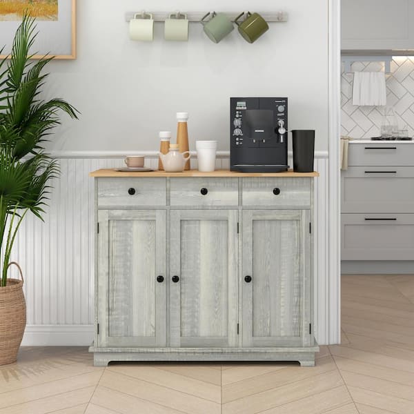 HOMCOM Distressed Gray Wood 39.75 in. Sideboard with Adjustable Shelves and 3-Drawers