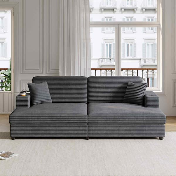86.5 in. Square Arm Corduroy Square with 2-USB Ports , 2-Cup Holders and 2-Throw Pillows Sofa in Dark Gray