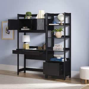 2-Piece Transitional Black Reeded 38 in. Hutch Desk with Narrow Modern Bookcase