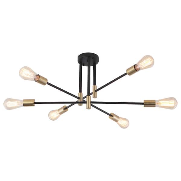 27.56 in. 6-Light Modern Black/Golden Semi-Flush Mount for Bedroom Foyer with No Bulbs Included