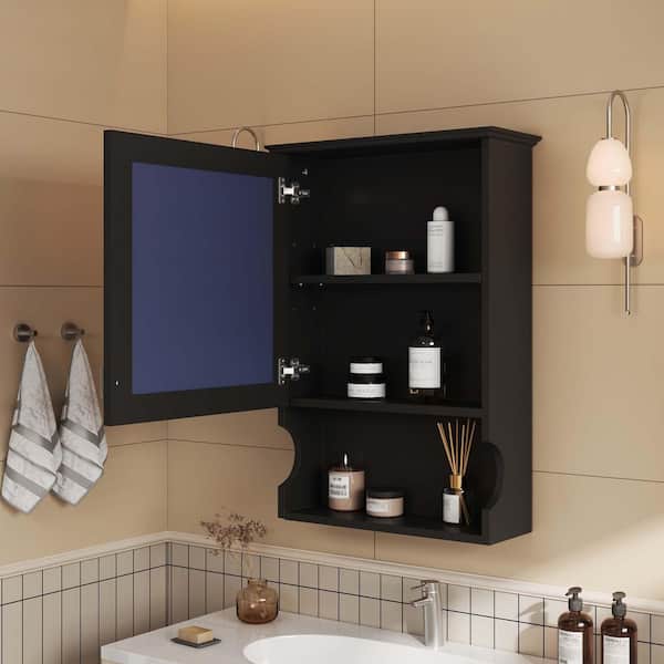 20 in. W x 29 in. H Rectangular MDF Medicine Cabinet with Mirror, Door, Wall Mounted Home Storage Bathroom Cabinet Black