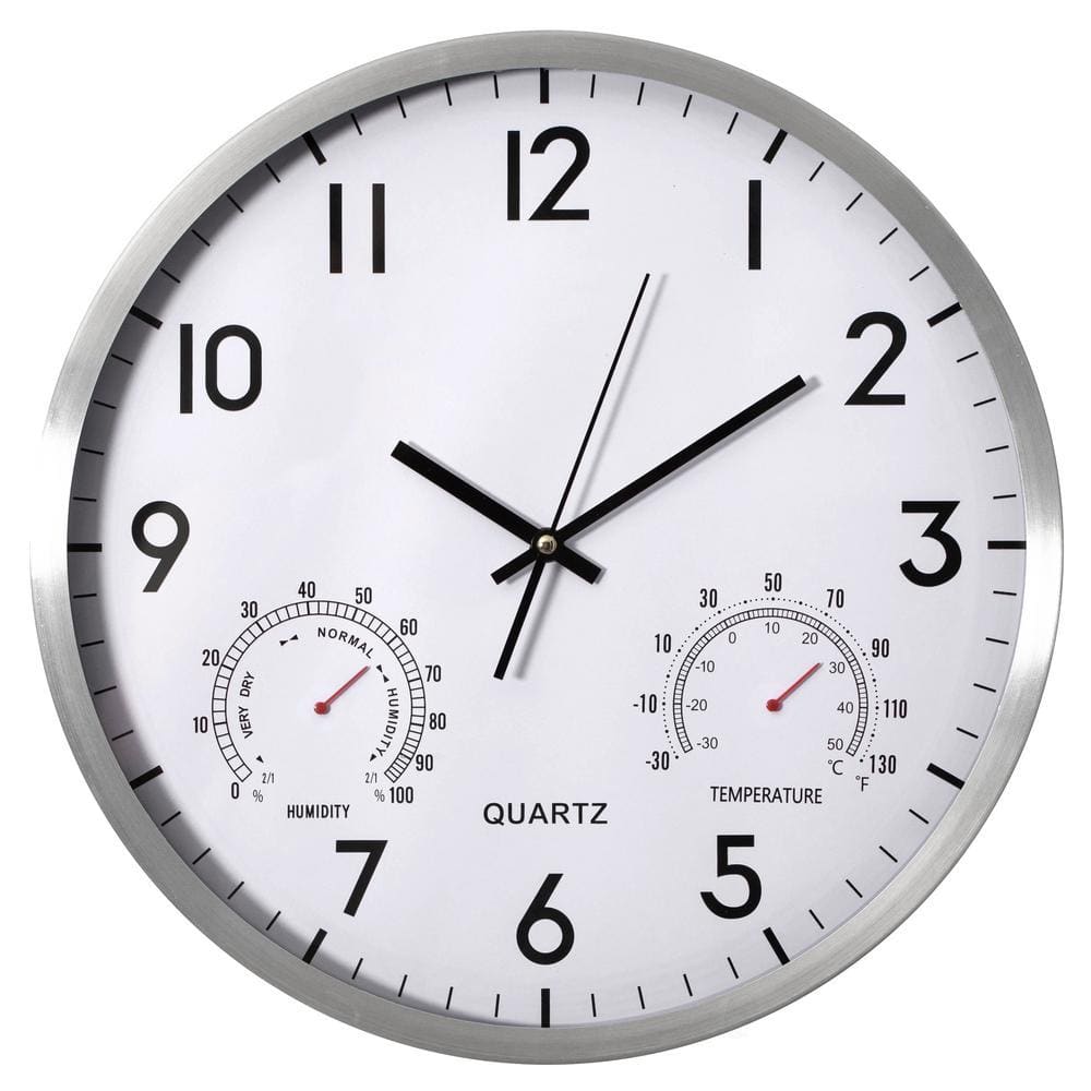 CLOCKSWISE 16 in. Non-Ticking Silver Wall Clock with Thermometer