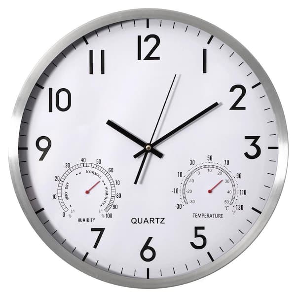 16 in. Non-Ticking Silver Wall Clock with Thermometer, Hygrometer Battery Operated Aluminum Analog Temperature, Humidity