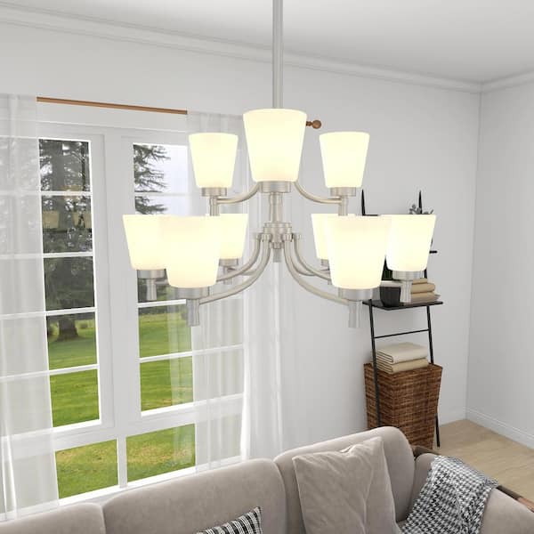 9-Light Brushed Nickle Finish Chandelier Tiered with Shade