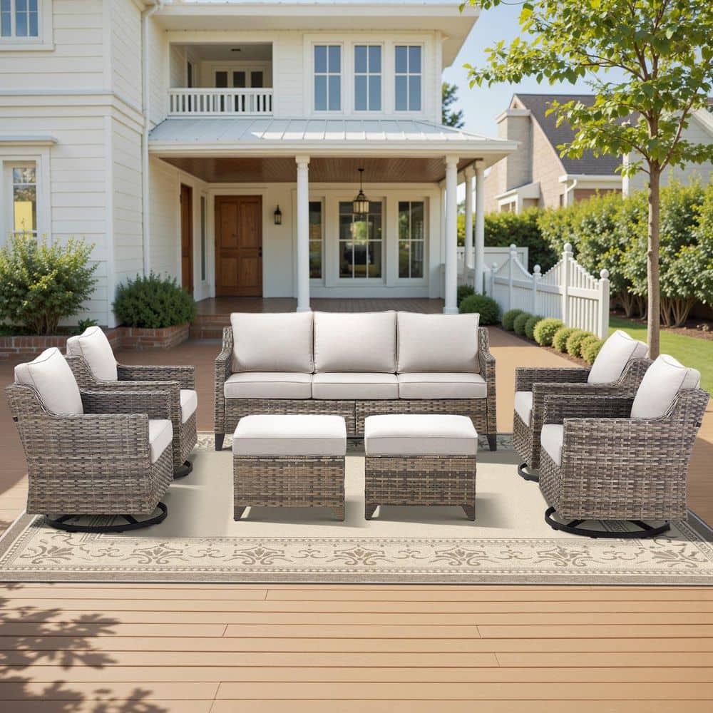 Glissia 7-Piece Gray Wicker Patio Conversation Set with Swivel Gliders and 4 in. Olefin Beige Cushions price history on PriceWatchPro