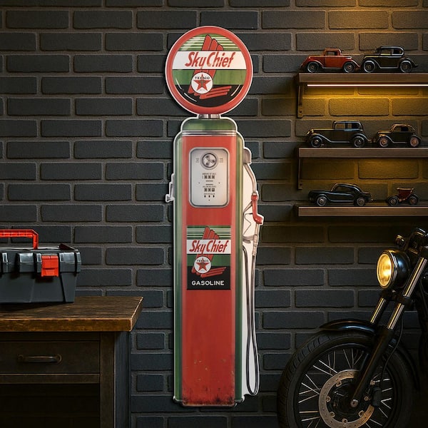 Sky Chief Oil Vintage Gas Pump Metal Sign-Retro Garage Wall Art, Classic Car Collectors Decor, 41 in. H x 10.5" L, Matte