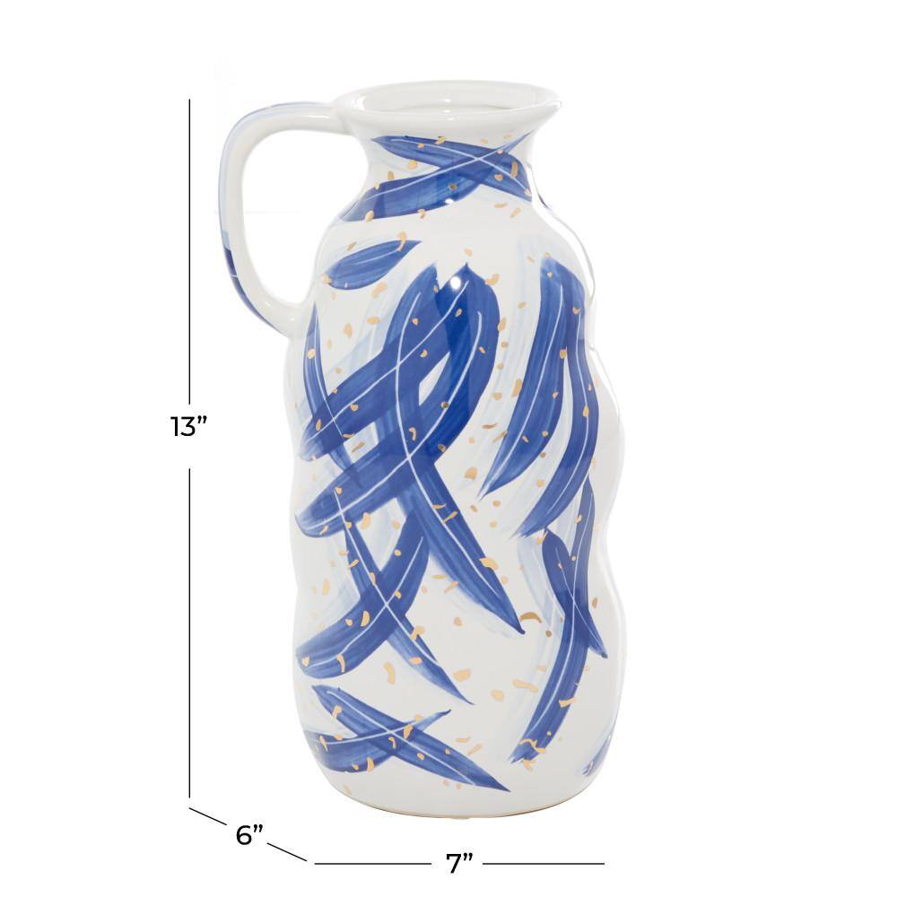 Contemporary Blue Ceramic Vase with Gold Flecks, 7" x 13"