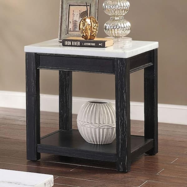 Yven 22 in. White/Antique Black Square Marble End Table with Genuine Marble Top