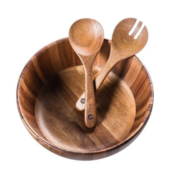 12 in. 3-Piece Tableware Acacia Wood Salad Bowl Set, Large Serving Bowl with Utensils for Spring Entertaining