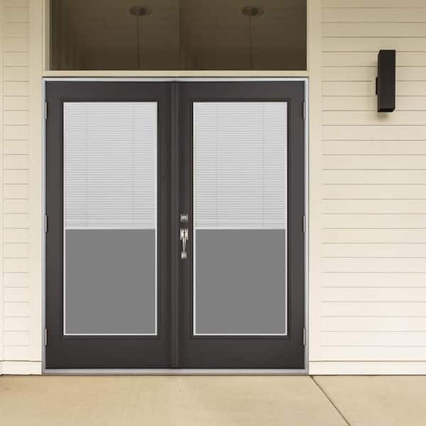 72 in. x 80 in. Black Right-Hand Outswing Fiberglass Full Lite LOE Blinds Glass Hinged Patio Door