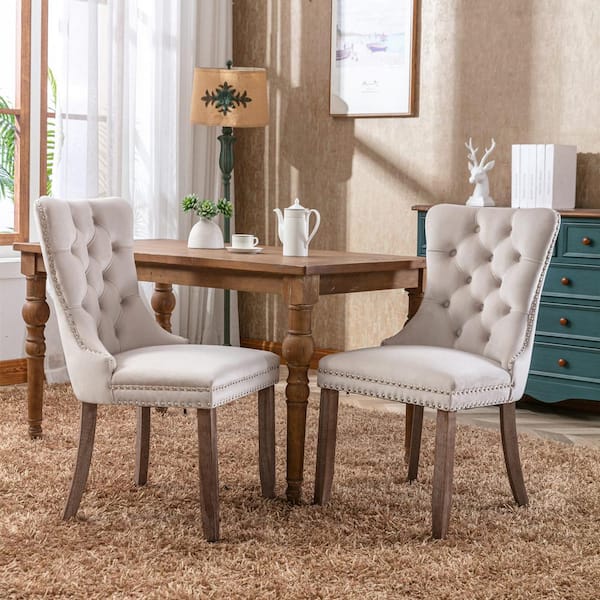 Noble House Nexa Beige Upholstered Tufted Velvet Dining Chairs with Nailhead Trim Rubberwood Legs and Frame Set of 2 114781 The Home Depot