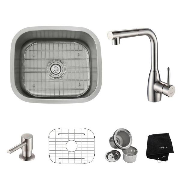 KRAUS All-in-One Undermount Stainless Steel 20-2/4x17-3/4x9 in. 0-Hole Single Bowl Kitchen Sink with Faucet