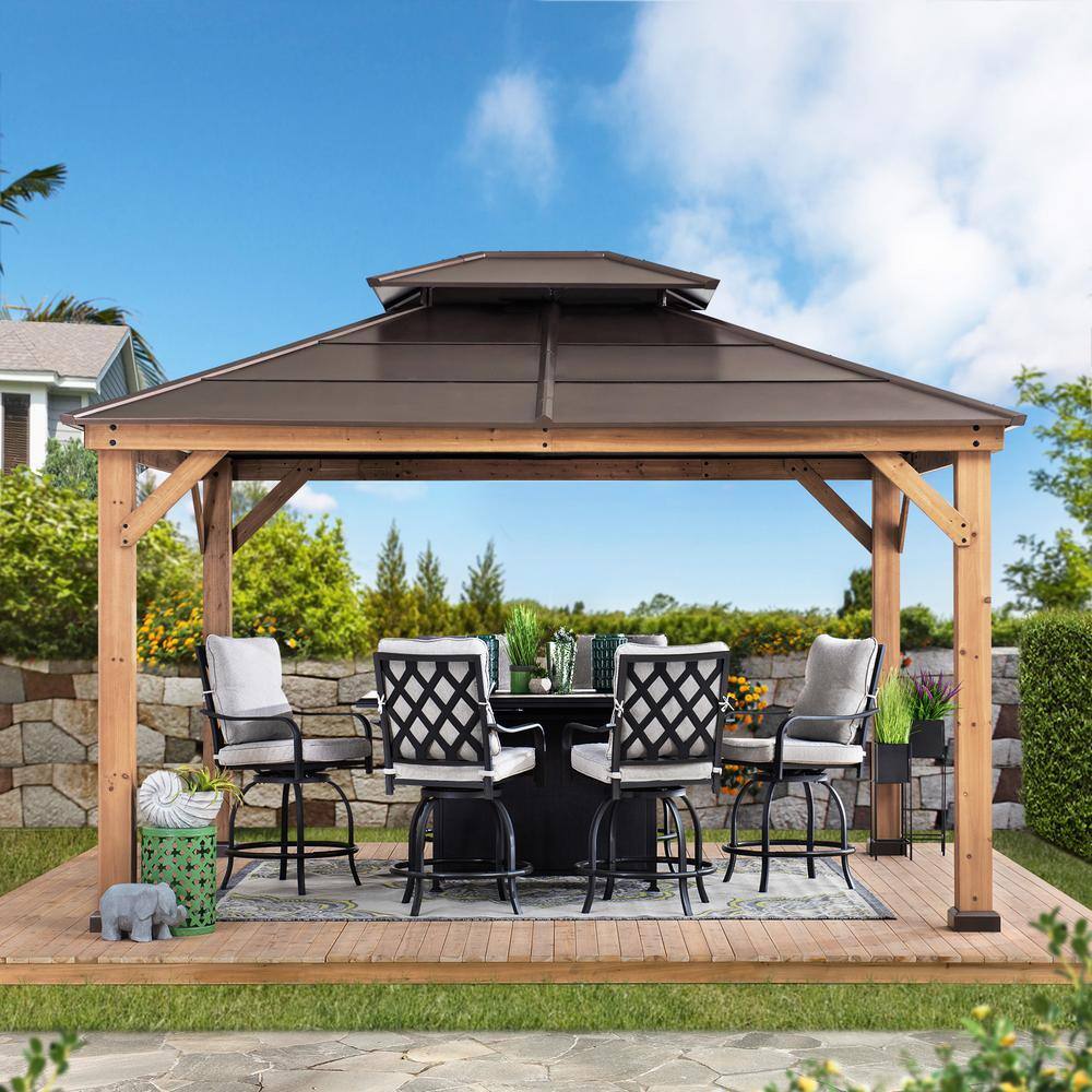 Sunjoy Myla 11 ft. x 13 ft. Cedar Framed Gazebo with Brown Steel 2-Tier ...