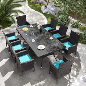 10-Piece Wicker Patio Outdoor Dining Set with Glass Tabletop, 1.5 in. Umbrella Hole and Blue Cushion