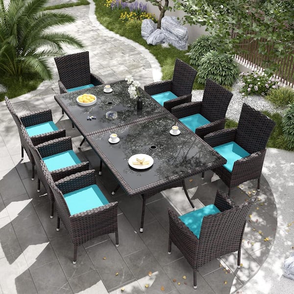 Halmuz 10-Piece Wicker Patio Outdoor Dining Set with Glass Tabletop, 1.5 in. Umbrella Hole and Blue Cushion