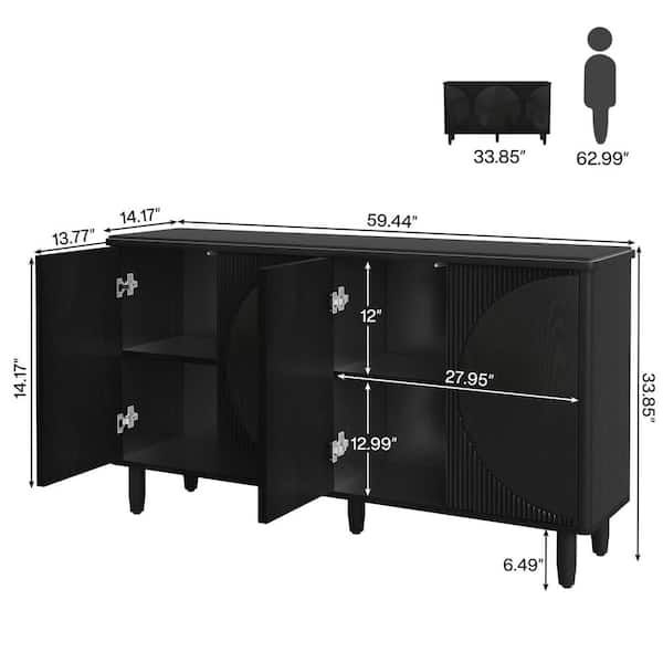Ahlivia Black 59.44 in. W 4-Door Wood Buffet Cabinet Sideboard, Kitchen Sideboard, Storage Cabinet with Shelves